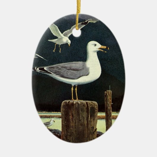 ビンテージの波止めに止まるアジサシ、海洋生物野生動物 セラミックオーナメント (正面)