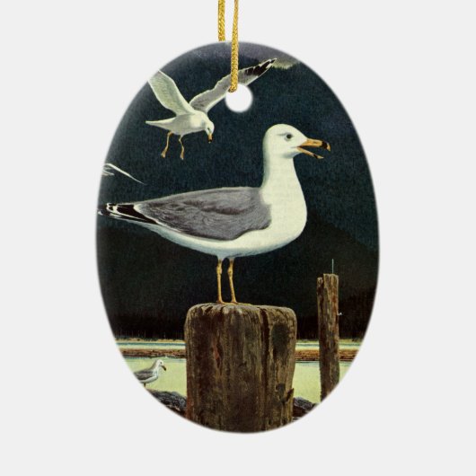 ビンテージの波止めに止まるアジサシ、海洋生物野生動物 セラミックオーナメント (裏面)
