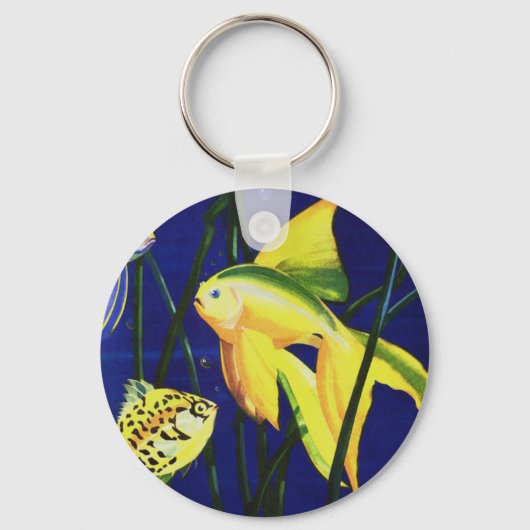 ビンテージの海洋生物・魚、タンクの中の派手な金魚 キーホルダー (正面)