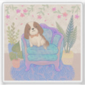 ビンテージの肘掛け椅子の上の可愛い子犬のイラスト シール (正面)
