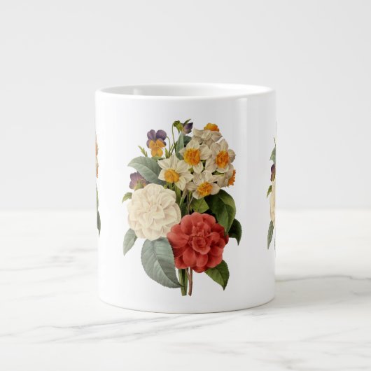 ビンテージの花、椿と水仙、ルドゥーテ ジャンボコーヒーマグカップ (正面)