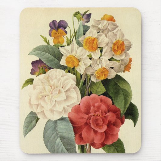 ビンテージの花、椿と水仙、ルドゥーテ マウスパッド (正面)