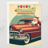 ビンテージの赤い車 & サンタ シーズンカード (正面/裏面)