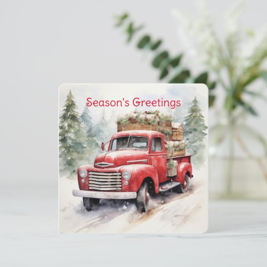 ビンテージの赤い農用トラックがクリスマス仕様に満載 シーズンカード (スタンド正面)