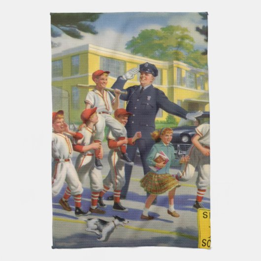 ビンテージの野球少年と警官の横断歩行者誘導員 キッチンタオル (縦)