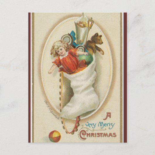 ビンテージの靴下人形テディベア クリスマス ポストカード (正面)