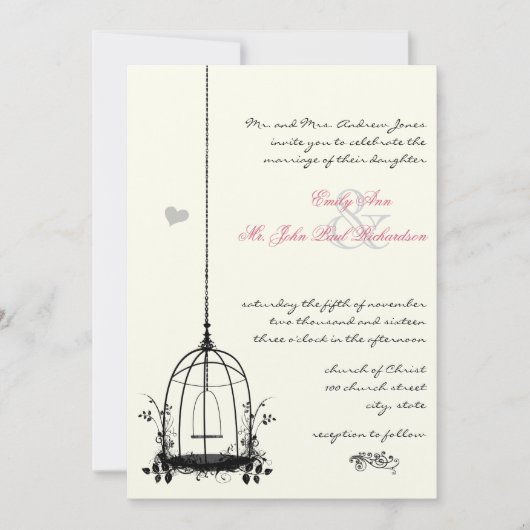ビンテージの鳥かご 赤いアクセントの結婚式招待状 招待状 (正面)