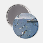 ビンテージの鳥と動物、トンビと漁船 マグネット (正面/裏面)