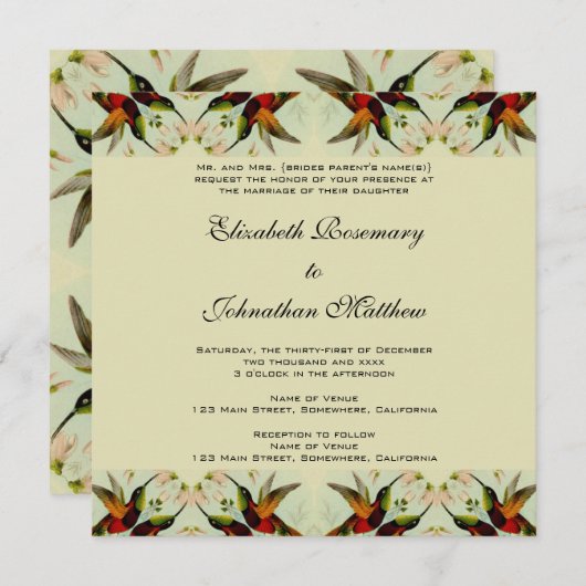ビンテージウェディング、ハミングバードと花 招待状 (正面/裏面)