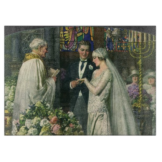 ビンテージウェディング、新郎新婦と（ユダヤ教）メノラー カッティングボード (正面)