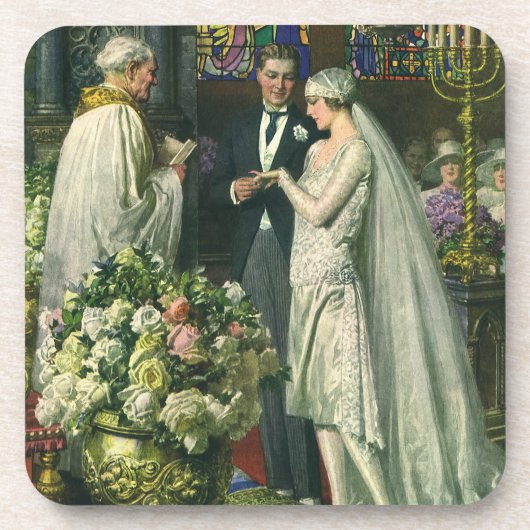 ビンテージウェディング、新郎新婦と(ユダヤ教)メノラー コースター (正面)