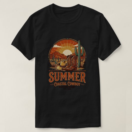 ビンテージカウボーイ砂漠 - レトロな夏の休暇 Tシャツ (デザイン正面)
