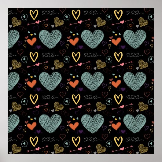 ビンテージカラーハートパターン – 黒い背景 ポスター (正面)