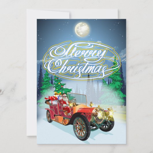 ビンテージカーとサンタのクリスマスカード セーブザデート (正面)