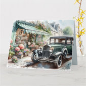 ビンテージカーと魅力的な花屋の水彩画 カード (黄色い花)