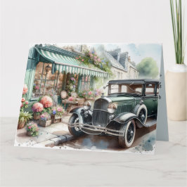 ビンテージカーと魅力的な花屋の水彩画 カード