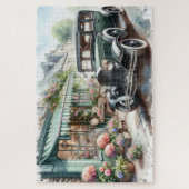 ビンテージカーと魅力的な花屋の水彩画 ジグソーパズル (縦)