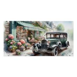 ビンテージカーと魅力的な花屋の水彩画 ポスター