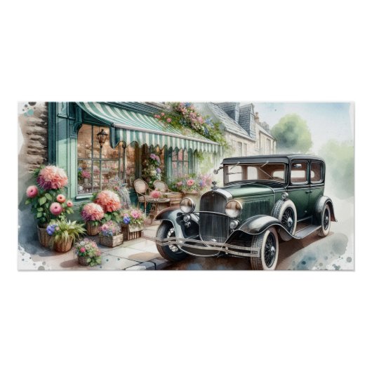 ビンテージカーと魅力的な花屋の水彩画 ポスター (正面)