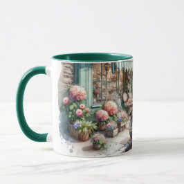 ビンテージカーと魅力的な花屋の水彩画 マグカップ