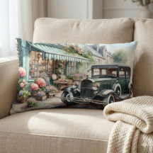 ビンテージカーと魅力的な花屋の水彩画