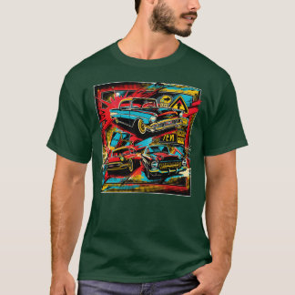 ビンテージカーのコラージュ ポップアートデザイン 友達へのプレゼントに Tシャツ