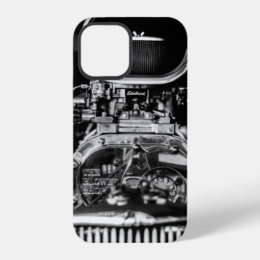 ビンテージカーエンジンのモノクロ写真 iPhoneケース (裏面)