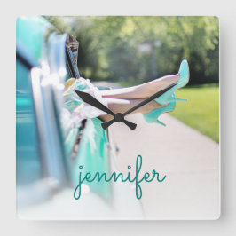 ビンテージカーミントグリーンハイヒールレトロガール スクエア壁時計