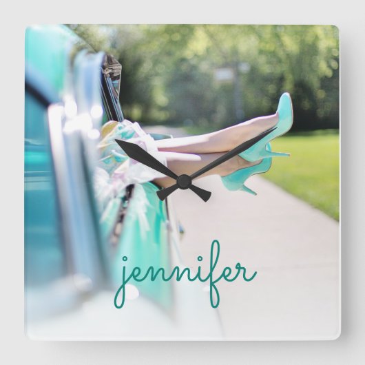 ビンテージカーミントグリーンハイヒールレトロガール スクエア壁時計 (正面)