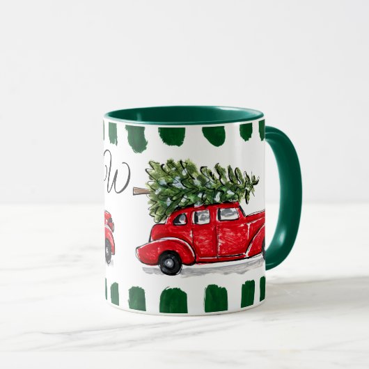 ビンテージカー(木のモノグラム付)ブラックレッドグリーンマグ マグカップ (正面右)