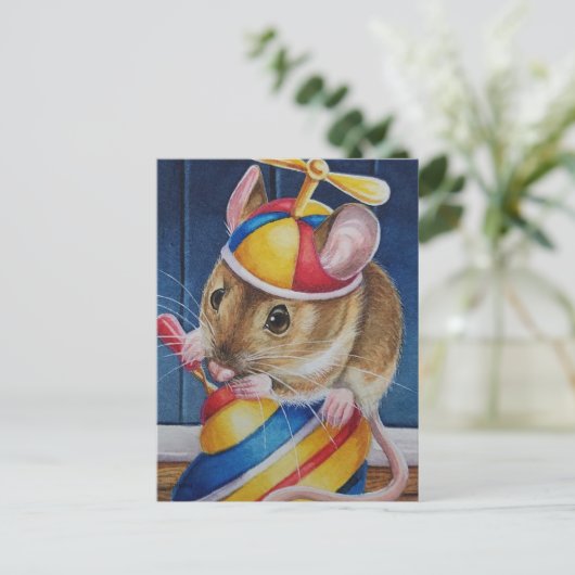 ビンテージクリスマスおもちゃマウスが水彩画に登場 ポストカード (スタンド正面)