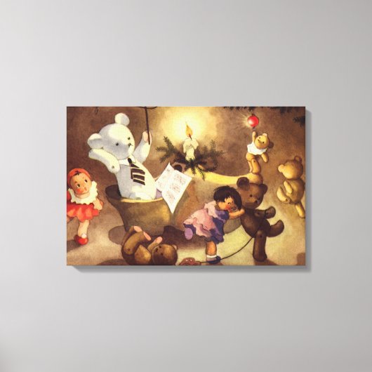 ビンテージクリスマスおもちゃ、ダンシングドール、テディベア キャンバスプリント (正面)