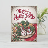 ビンテージクリスマスと雪だるまと木のクッキー シーズンカード (スタンド正面)
