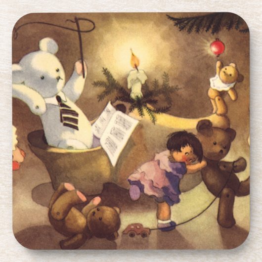 ビンテージクリスマスのおもちゃ、ダンシングドール、テディベア コースター (正面)
