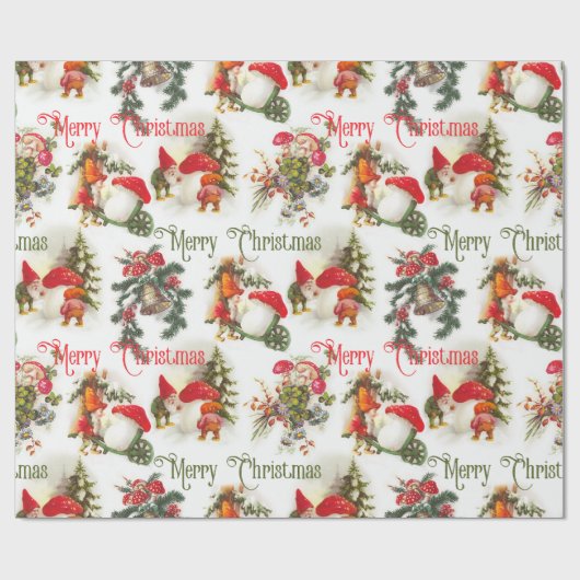 ビンテージクリスマスのエルフとキノコ ラッピングペーパー (フラット)