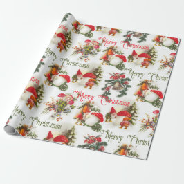 ビンテージクリスマスのエルフとキノコ ラッピングペーパー