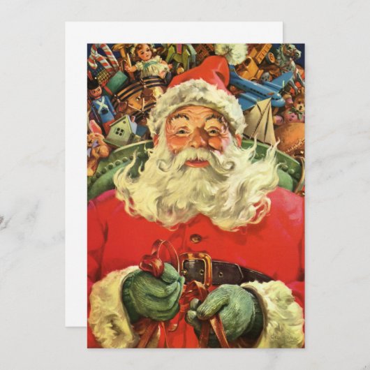 ビンテージクリスマスのサンタクロースとおもちゃの入ったそり 招待状 (正面/裏面)