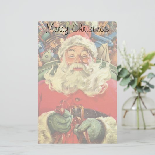 ビンテージクリスマスのサンタクロースとおもちゃの入ったスレート 便箋 (スタンド正面)