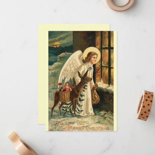 ビンテージクリスマスのトナカイと天使 ノートカード (正面/裏面インサイチュ)