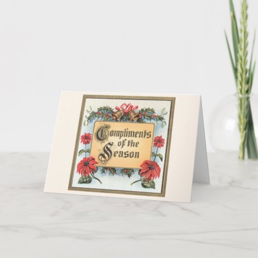 ビンテージクリスマスのポインセチアを飾った華麗なフレーム シーズンカード (正面)