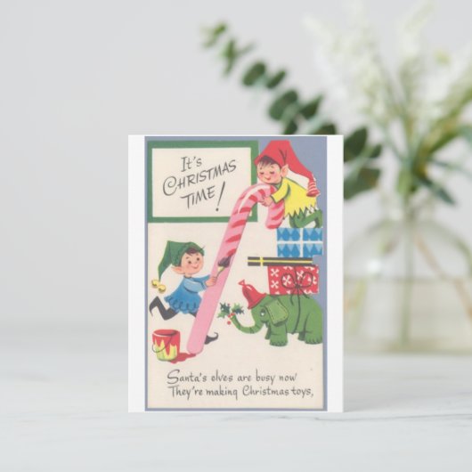 ビンテージクリスマスの妖精たち、玩具を作る シーズンカード (スタンド正面)