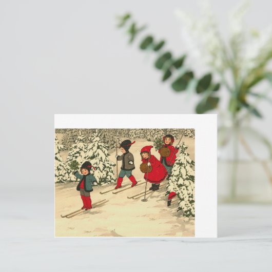 ビンテージクリスマスの子どもたちスキースノー ポストカード (スタンド正面)