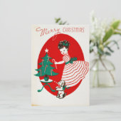 ビンテージクリスマスの少女と犬 キャンディーケーン付き シーズンカード (スタンド正面)