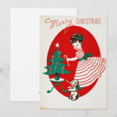 ビンテージクリスマスの少女と犬 キャンディーケーン付き シーズンカード (正面/裏面)