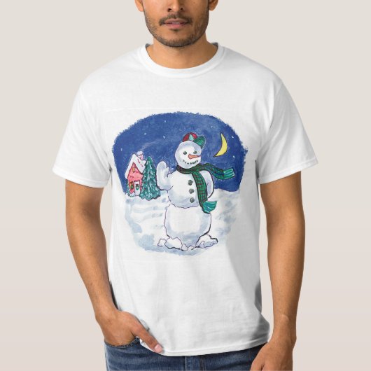 ビンテージクリスマスの雪だるまが手を振る Tシャツ (正面)