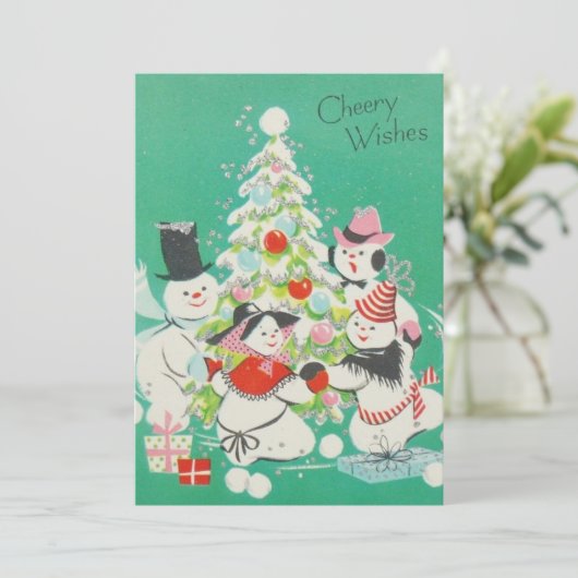 ビンテージクリスマスの雪だるまが木の周りで踊る シーズンカード (スタンド正面)