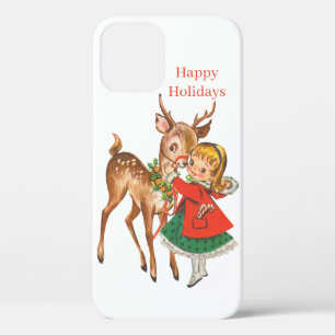 ビンテージクリスマスの鹿と子供の祝日 iPhone 12 PROケース