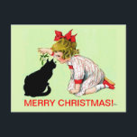 ビンテージクリスマスはがき、女の子Wキャット シーズンポストカード<br><div class="desc">小さな女の子の過去とヤドリギが。クリスマス・ポストカードは、年賀状と休日のお祝いの過去を持つ古いお祝いのカードです。</div>