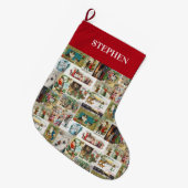 ビンテージクリスマスアンティークコラージュクリスマス名前をカスタムする ラージクリスマスストッキング (正面 (吊り時))
