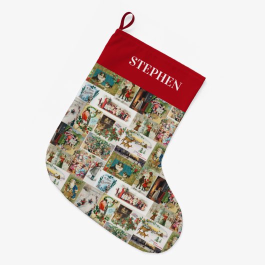 ビンテージクリスマスアンティークコラージュクリスマス名前をカスタムする ラージクリスマスストッキング (正面 (吊り時))